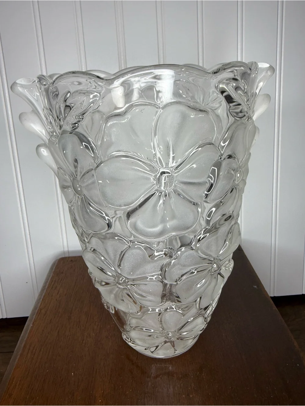 9.5” Studio Nova Frosted Pansy Bouquet Frosted Clear Glass Vase Winged Handles